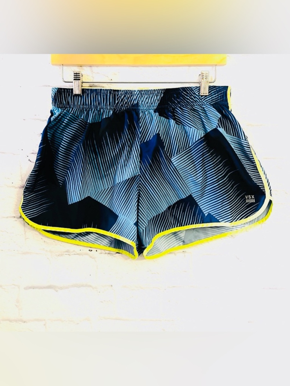 Victorias Secret VSX Sport Running Shorts Size Med Geometric Blue And Neon Lime